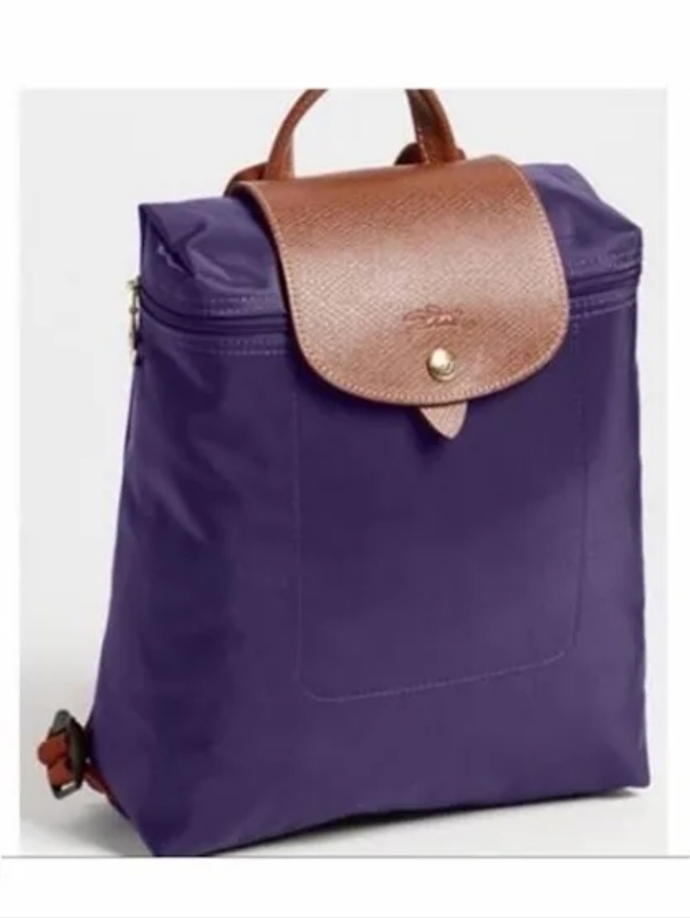 Longchamp Purple Nylon Backpack with Brown Leather Flap